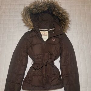 Hollister Brown Puffer Jacket with Faux Fur Trim